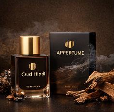 Oud Hindi perfume bottle with packaging on a dark background